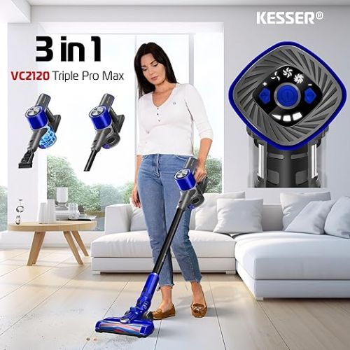  KESSER® Cordless Vacuum Cleaner 3-in-1 | Handheld Vacuum Cleaner without Bag with HEPA Filter | Battery Vacuum Cleaner up to 60 Minutes Running Time + Crevice Nozzle & Dust Brush | LED Light XL Dust