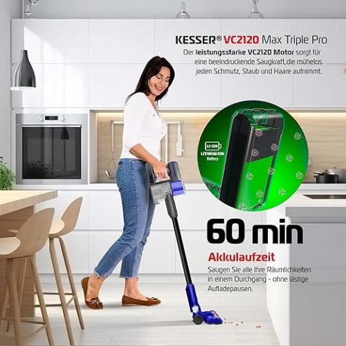  KESSER® Cordless Vacuum Cleaner 3-in-1 | Handheld Vacuum Cleaner without Bag with HEPA Filter | Battery Vacuum Cleaner up to 60 Minutes Running Time + Crevice Nozzle & Dust Brush | LED Light XL Dust