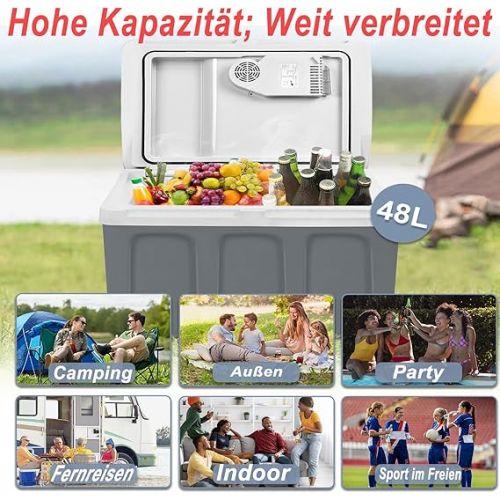  YRHome 48 Litre Electric Cool Box Car 12 V 230 V Car Fridge Compressor Cool Box Heats & Cools Eco Mode with Cable Portable Camping Cool Box for Camping Car Truck Camping Boat Motorhome, Grey