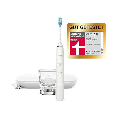  Philips Sonicare DiamondClean 9000 HX9911/27, Sonic Toothbrush with 4 Cleaning Programmes, Timer, USB Travel Charging Case and Charging Glass, White