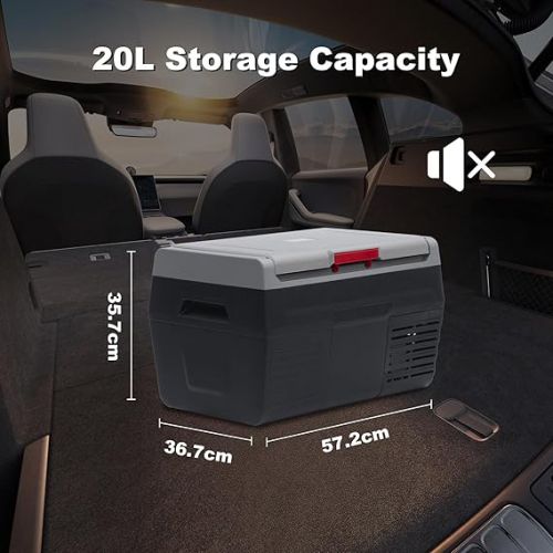  Techomey 20 L Cool Box 12 V 230 V, Mini Cool Box with Anti-Shake, Quiet Car Cool Box with Compressor for Car, Truck, Boat, Motorhome, -20°C to 20°C