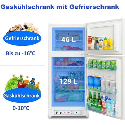  Techomey 185L Gas Fridge with Freezer, Gas/230V, Camping Refrigerators Gas for Kitchen, Outdoor, Motorhome, Travel, White