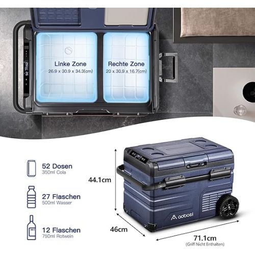  AAOBOSI 35L Kompressor Kuhlbox Dual Zone, Kuhlbox Auto Mit WiFi-APP-Steuerung, LED-Touch-Bedienung, USB-Anschluss, 12/24 V und 100-240 V, bis -20 °C, Kuhlbox Elektrisch fur Auto, Lkw, Boot, Reisemobil