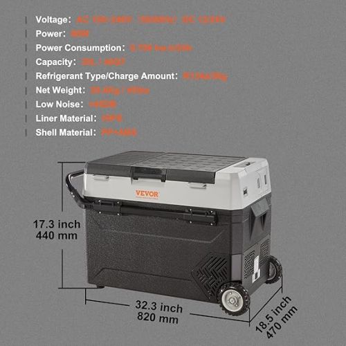  VEVOR 38L Cool Box 12/24V Portable Fridge, Electric Freezer Box Small Freezer -20~10°C, Electric Compressor Cool Box 820 x 470 x 440 mm for Car, Camping, Truck, Boat etc.