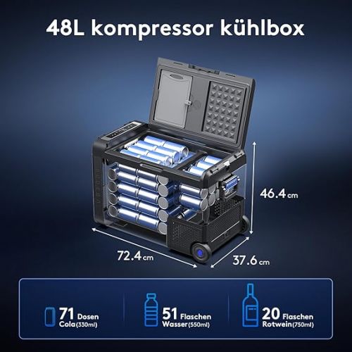  AAOBOSI Kompressor Kuhlbox 48L, Kuhlbox Auto Mit WiFi-APP-Steuerung USB-Anschluss, 12/24V und 100-240V Kuhlbox Elektrisch, bis -20 °C fur Auto, LKW, Boot, Reisemobil, Camping