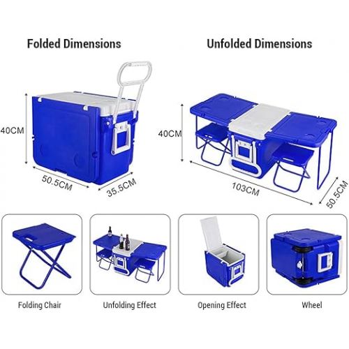  Tidyard Kuhlbox,kuhlbox Auto,Rolling Cooler Eistruhe Camping Outdoor Picknick Tragbare Warmeisolationsbox mit Tisch und Stuhl（Mit Tisch und Stuhlen）-Blau