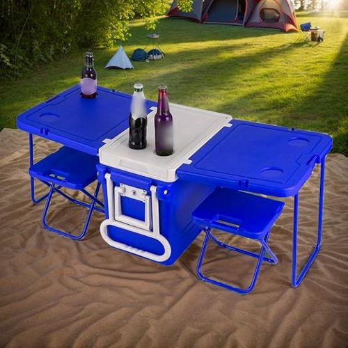  Tidyard Kuhlbox,kuhlbox Auto,Rolling Cooler Eistruhe Camping Outdoor Picknick Tragbare Warmeisolationsbox mit Tisch und Stuhl（Mit Tisch und Stuhlen）-Blau