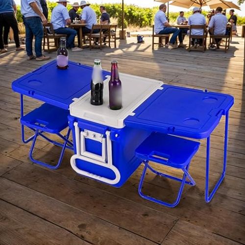  Tidyard Kuhlbox,kuhlbox Auto,Rolling Cooler Eistruhe Camping Outdoor Picknick Tragbare Warmeisolationsbox mit Tisch und Stuhl（Mit Tisch und Stuhlen）-Blau