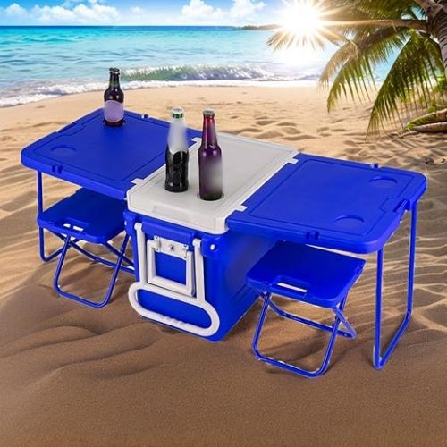  Tidyard Kuhlbox,kuhlbox Auto,Rolling Cooler Eistruhe Camping Outdoor Picknick Tragbare Warmeisolationsbox mit Tisch und Stuhl（Mit Tisch und Stuhlen）-Blau