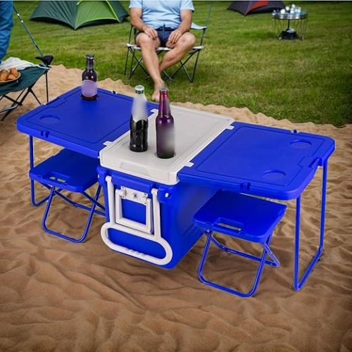  Tidyard Kuhlbox,kuhlbox Auto,Rolling Cooler Eistruhe Camping Outdoor Picknick Tragbare Warmeisolationsbox mit Tisch und Stuhl（Mit Tisch und Stuhlen）-Blau