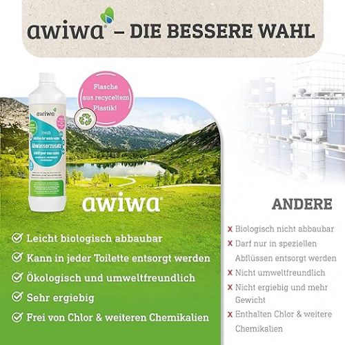  Awiwa® fresh organic additive waste water tank cleaner for camper vans, caravans and boats, sustainable odour remover and cleaner for waste water and pipes