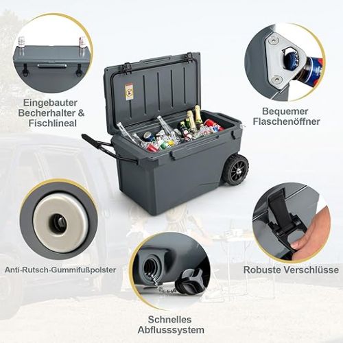  COSTWAY 71L Isolierbox tragbar, Kuhlbox grau inkl. Alugriff & großen Radern, Warmebehalter mit Flaschenoffner und Abflusssystem, Thermobox belastbar bis 100kg fur Camping Picknick Angeln