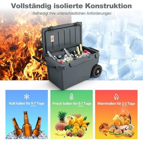  COSTWAY 71L Isolierbox tragbar, Kuhlbox grau inkl. Alugriff & großen Radern, Warmebehalter mit Flaschenoffner und Abflusssystem, Thermobox belastbar bis 100kg fur Camping Picknick Angeln