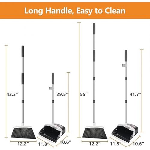  Broom and Dustpan Set, Sweeper and Dustpan Combo with 137 cm Long Handle for Removable and Foldable Broom for Floor Cleaning in Kitchen, Household (Black)