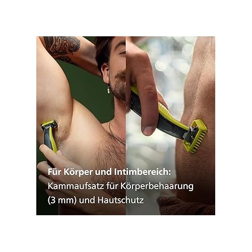  Philips OneBlade Face & Body - Elektrischer Bartschneider, Rasierer und Bodygroomer zum Trimmen, Stylen und Rasieren, 3 Original-Klingen, 5-in-1 Trimmaufsatz & 2 Korperaufsatzen (Modell QP2824/30)