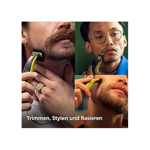  Philips OneBlade Face & Body - Elektrischer Bartschneider, Rasierer und Bodygroomer zum Trimmen, Stylen und Rasieren, 3 Original-Klingen, 5-in-1 Trimmaufsatz & 2 Korperaufsatzen (Modell QP2824/30)