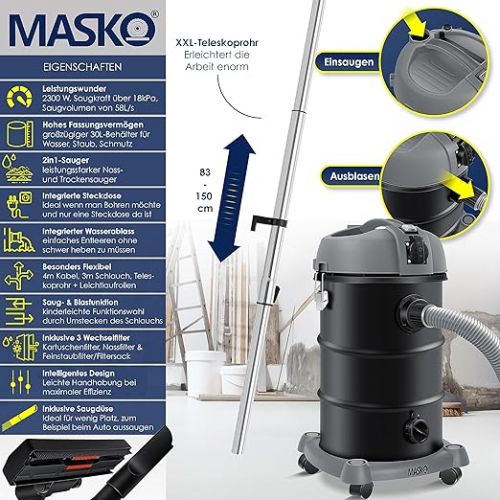  MASKO® 6-in-1 Industrial Vacuum Cleaner Wet Dry Vacuum Cleaner Ash Vacuum Cleaner 2300 W + Socket  Blowing Function  Dry Vacuuming & Wet Vacuum Cleaner | Industrial Vacuum Cleaner with & without Bag