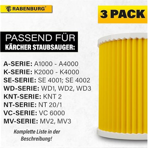  3 x Filters Compatible with Karcher Vacuum Cleaner Premium WD3 WD2 WD3 WD1 MV3 MV2 WD 3 P Extension Kit Wet & Dry Vacuum Cleaner Against Fine Dust Odours