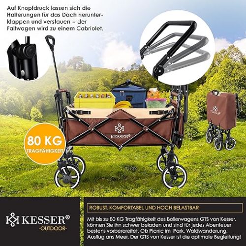  KESSER® GTS-9100 Folding Handcart with Roof Handcart Transport Trolley Foldable Includes 2 x 3-Point Belt System 360° Solid Rubber Tyres and Interior Extension Front and Rear Brake + Carry Bag Brown