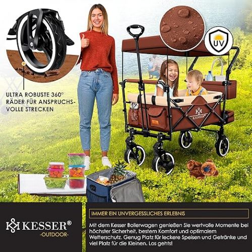  KESSER® GTS-9100 Folding Handcart with Roof Handcart Transport Trolley Foldable Includes 2 x 3-Point Belt System 360° Solid Rubber Tyres and Interior Extension Front and Rear Brake + Carry Bag Brown