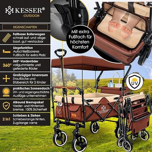  KESSER® GTS-9100 Folding Handcart with Roof Handcart Transport Trolley Foldable Includes 2 x 3-Point Belt System 360° Solid Rubber Tyres and Interior Extension Front and Rear Brake + Carry Bag Brown