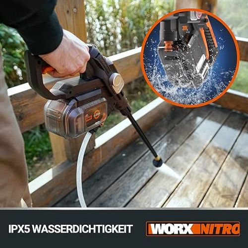  WORX WG633E.9 Hydroshot Cordless Pressure Washer 20 V - 56 Bar Max. Pressure - for Cleaning & Irrigation - Powerful Brushless Motor - 5-in-1 Pressure Nozzle - Without Battery & Charger, Black