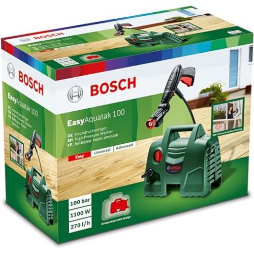  Bosch EasyAquatak 100 Pressure Washer, 360° (360° Nozzle Including detergent tank, 5 metre cable, 3 metre hose, box, 1100 watts, pressure: 100 bar max. flow rate: 270 litres per hour).