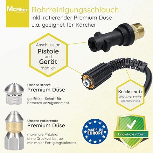  McFilter Pipe Cleaning Hose, 25 m, 160-200 bar, Includes Adapter, Nozzles Rigid + Rotating, Compatible with Karcher K2, K3, K4, K5, K6, K7 Pressure Washer