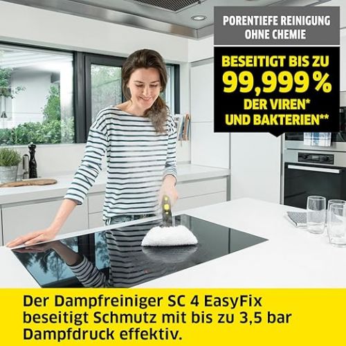  Karcher SC 4 EasyFix Steam Cleaner, Steam Pressure: 3.5 bar, Heating Time: 4 minutes. Power: 2,000 W. Surface performance: 100 m², 2-tank system: 0.5 L + 0.8 L with floor cleaning kit, nozzles and