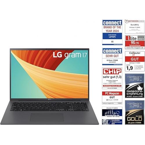  2023 LG gram 17 Inch Ultralight Notebook - 1.350 g Intel Core i7 Laptop (32GB RAM, 2TB SSD, 20h Battery Life, 16:10 Anti-Reflective IPS Display, Thunderbolt 4, Win 11 Home, Mirametrix) - Grey