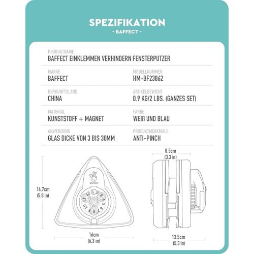  Baffect Prevent Pinching Window Cleaner, Double-Sided Window Cleaner with Non-Slip Handle, Magnetic Adjustable Window Cleaner for Single and Double Glazed Windows (3-30 mm)