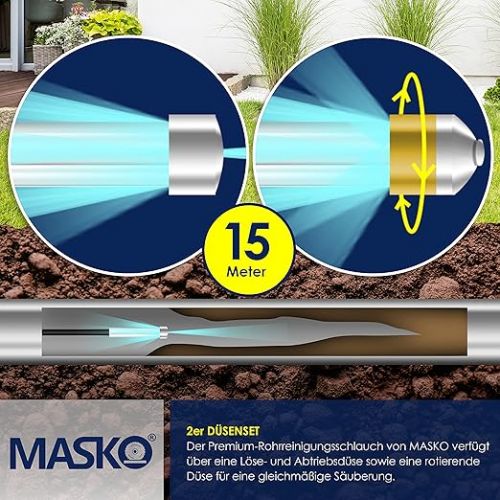  MASKO® Pipe Cleaning Hose Set, Drain Cleaner 15 m, 200 Bar Including Bag, 3 Adapters, 2 Nozzles + Rotating Compatible with Karcher K2-K7 Lavor Pressure Washer, Universal Pipe Cleaning Set