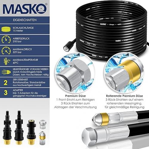  MASKO® Pipe Cleaning Hose Set, Drain Cleaner 15 m, 200 Bar Including Bag, 3 Adapters, 2 Nozzles + Rotating Compatible with Karcher K2-K7 Lavor Pressure Washer, Universal Pipe Cleaning Set