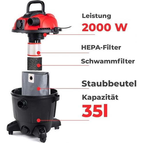  LEHMANN LTOVI-1235 Wet/Dry Vacuum Cleaner with Blow Function, 35 Litre Industrial Vacuum Cleaner 2000 W with Socket, for Home, Garage, Workshop, Garden, with & without Bag, Includes Accessories