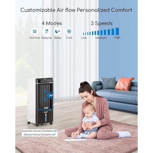  Mobile Air Conditioner, Air Cooler with Air Purification, 4-in-1 Fan with Humidification and Remote Control, 550 m³/h, 65 Watt, Oscillation, 1-7 Hours Timer for Cool Summer Days