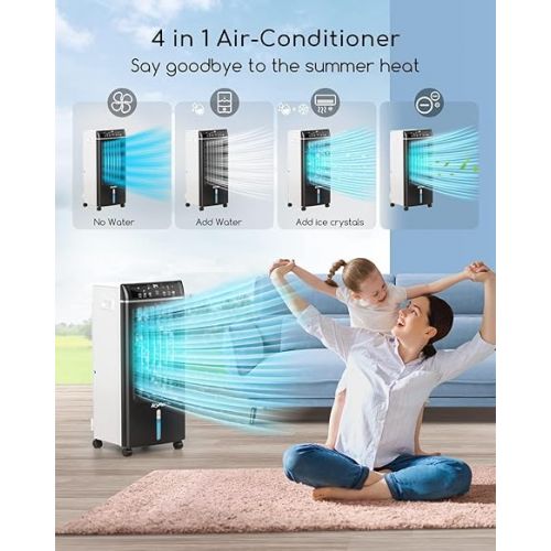  Mobile Air Conditioner, Air Cooler with Air Purification, 4-in-1 Fan with Humidification and Remote Control, 550 m³/h, 65 Watt, Oscillation, 1-7 Hours Timer for Cool Summer Days