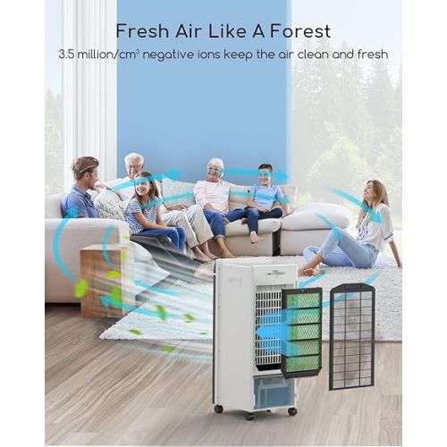  Mobile Air Conditioner, Air Cooler with Air Purification, 4-in-1 Fan with Humidification and Remote Control, 550 m³/h, 65 Watt, Oscillation, 1-7 Hours Timer for Cool Summer Days