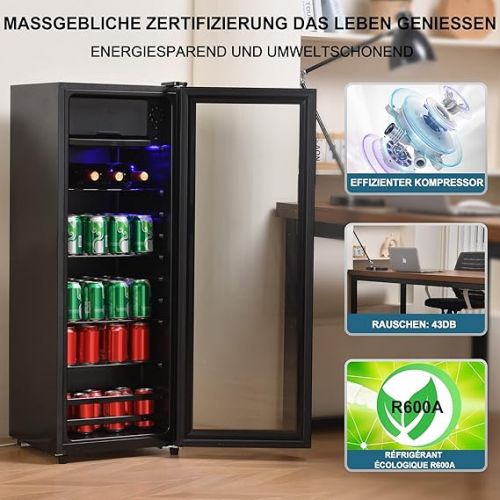  DRIXNO 128L Mini fridge, 8L freezer+120L fridge, holds 94 cans of lemonade, water, beer or wine. Quiet operation, compressor cooling system, energy efficient, adjustable shelves