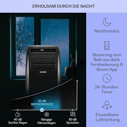  Klarstein Mobile Air Conditioner with Exhaust Hose, 4-in-1 Air Conditioner with Fan, Dehumidifier & Night Mode, Small & Portable Air Conditioner for Home & Office, Low Consumption, 10000 BTU