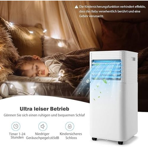  RELAX4LIFE Mobile Air Conditioning 7000BTU, 4-in-1 Air Cooler with Night Mode, Cooling & Dehumidifying & Ventilation, Wheels & Safety Children's Lock & Remote Control & LED Display & 24H Timer, up to