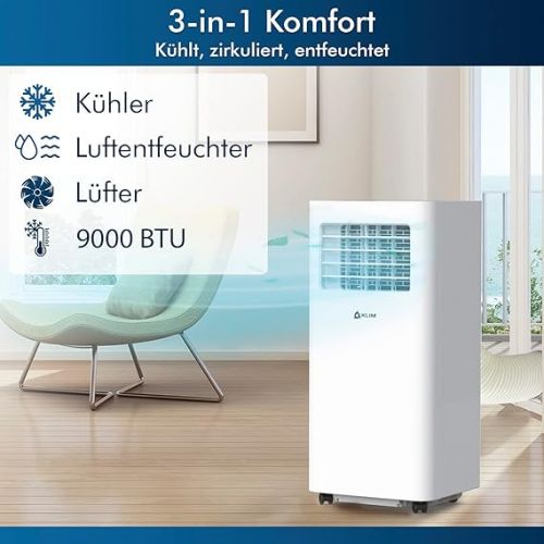  KLIM K9000 3-in-1 Mobile Air Conditioner with Integrated Dehumidification Function, Fan and Cooling Mode + Remote Control + 9000 BTU Portable Air Conditioner Mobile + 5 Years Protection