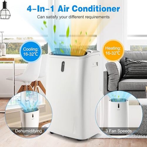  RELAX4LIFE Fan Heater, Mobile Air Conditioning 14000BTU, 5-in-1 Air Cooler with Night Mode, Cooling & Dehumidifying & Ventilating & Heating, Wheels & LED Display & WiFi Enabled & Remote Control & 24H