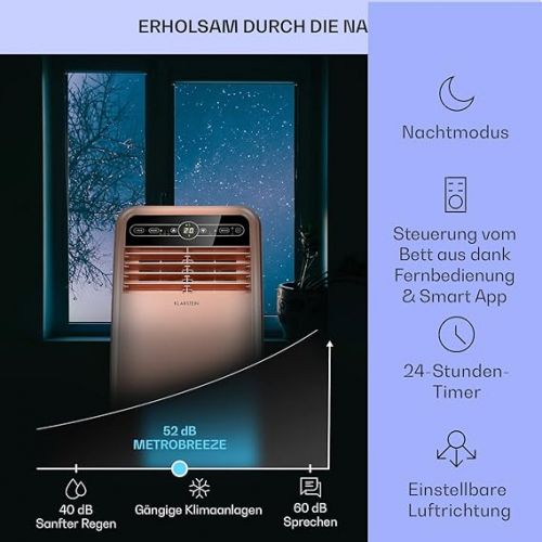  Klarstein Mobile Air Conditioner with Exhaust Hose, 4-in-1 Air Conditioner with Fan, Dehumidifier & Night Mode, Small & Portable Air Conditioner with App Control, 12000 BTU Low Consumption