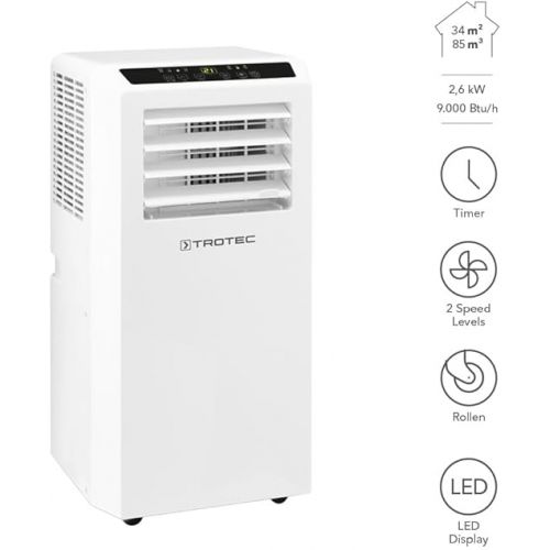  TROTEC Mobile Air Conditioner PAC 2610 S - 3-in-1 Cooling, Ventilation, Dehumidification - 2.6 kW, 9,000 BTU/h, 2 Ventilation Levels, Remote Control, Timer