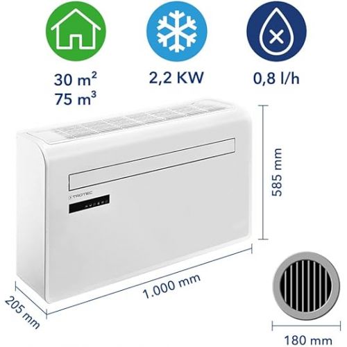  TROTEC Local Wall Air Conditioner PAC-W 2200 S Mobile Air Conditioner 4-in-1 Cooling, Heating, Ventilation, Dehumidification Air Conditioner 2.2 kW 8,000 BTU/h for Room Size up to 30 m² and 75 m³