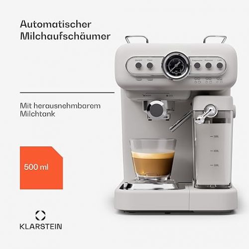  Klarstein Espresso Portafilter Machine with Milk Frother, 1.2 L Mini Espresso Machine with Portafilter, 1350 Watt Coffee Machine Small, Stainless Steel Coffee Machine for Cappuccino, Latte & Macchiato