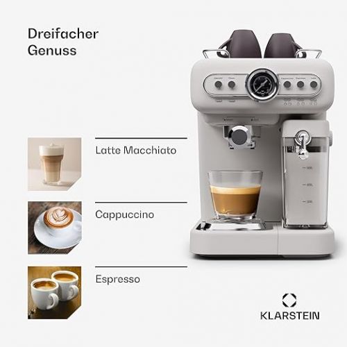  Klarstein Espresso Portafilter Machine with Milk Frother, 1.2 L Mini Espresso Machine with Portafilter, 1350 Watt Coffee Machine Small, Stainless Steel Coffee Machine for Cappuccino, Latte & Macchiato