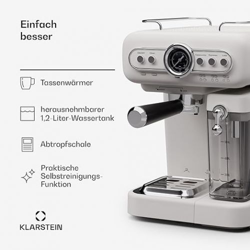  Klarstein Espresso Portafilter Machine with Milk Frother, 1.2 L Mini Espresso Machine with Portafilter, 1350 Watt Coffee Machine Small, Stainless Steel Coffee Machine for Cappuccino, Latte & Macchiato