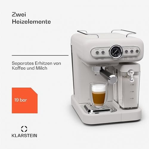  Klarstein Espresso Portafilter Machine with Milk Frother, 1.2 L Mini Espresso Machine with Portafilter, 1350 Watt Coffee Machine Small, Stainless Steel Coffee Machine for Cappuccino, Latte & Macchiato