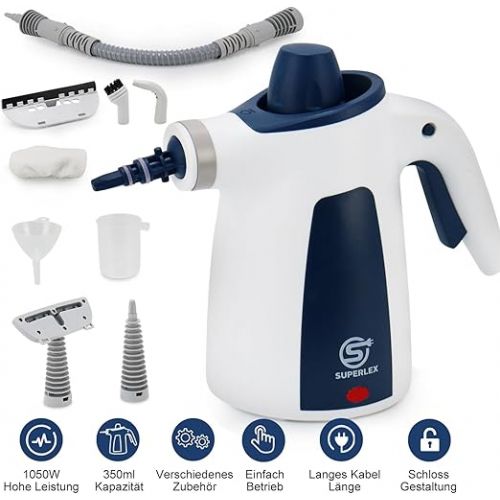  SUPERLEX Handheld Steam Cleaner 10 in 1 Set, Versatile Portable Steamer 1050 Watt, Versatile for Cleaning Windows, Kitchen, Bathroom, Bedroom, Carpet